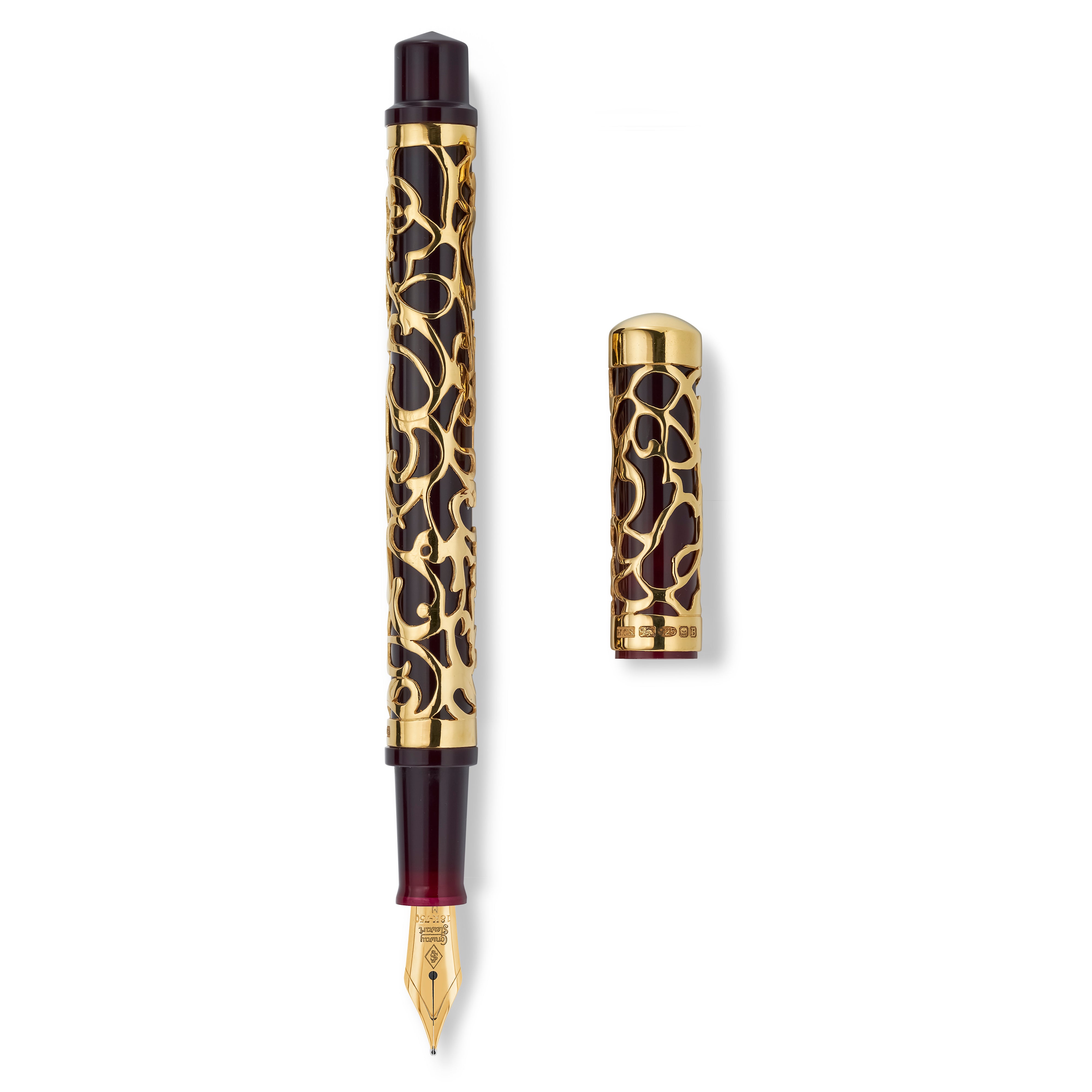 Henry Simpole Myrtle Vermeil fountain pen uncapped beside its cap, 18ct gold Conway Stewart nib