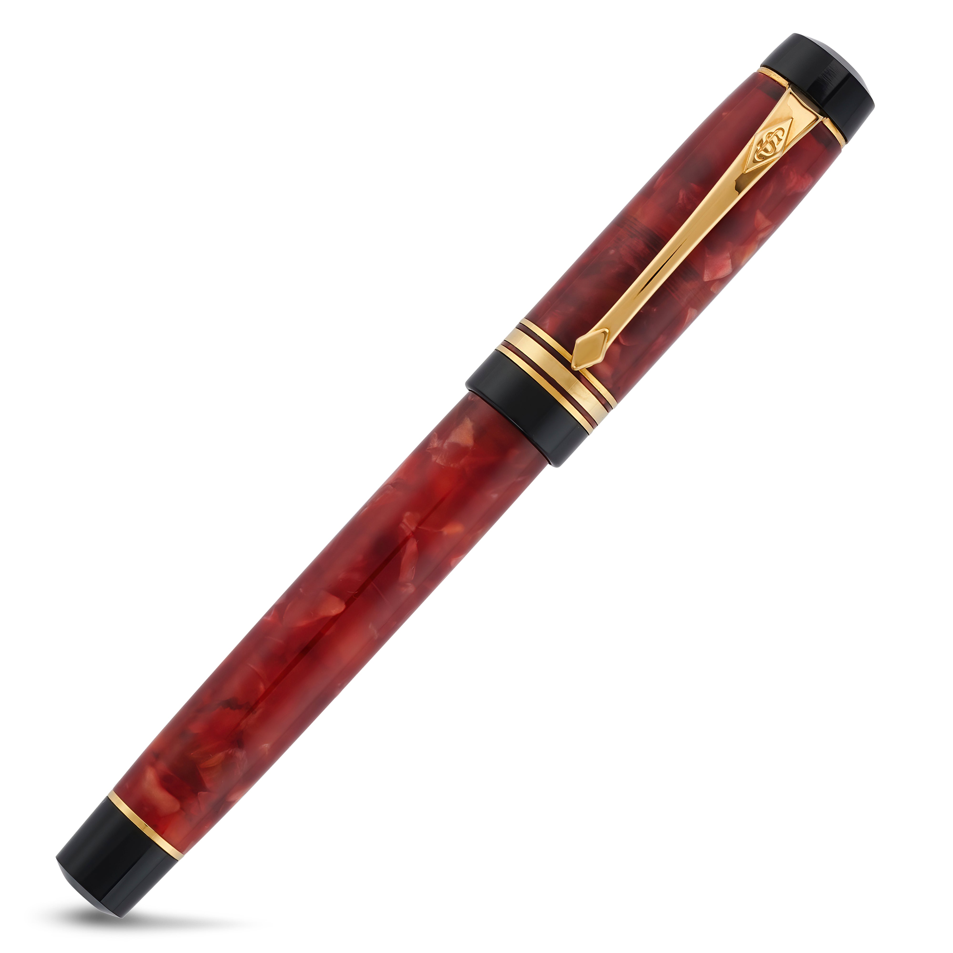 Belliver Cherry Red rollerball capped, diagonal view of the marbled red barrel with gold clip and cap rings