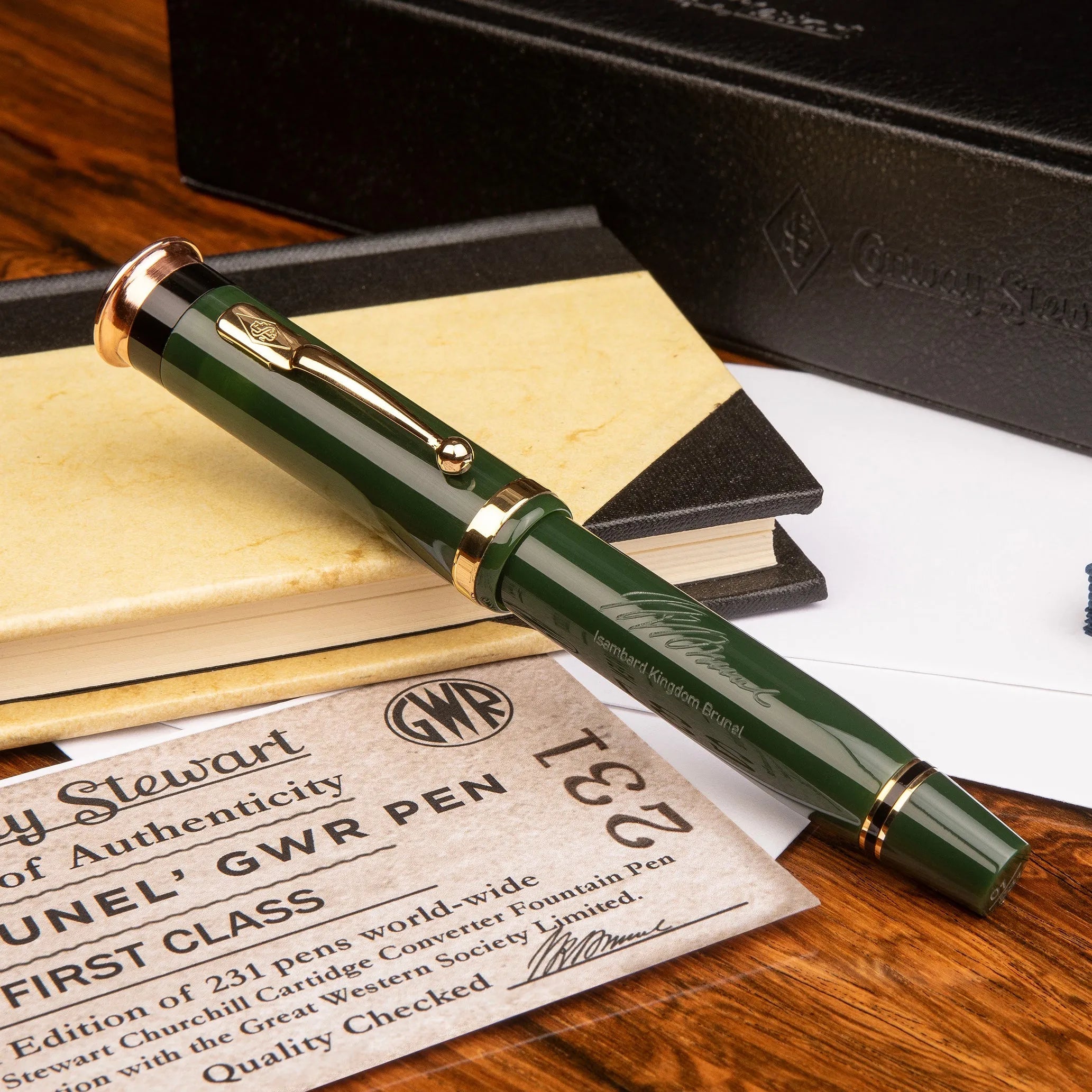 The Brunel GWR Pen capped with its certificate of authenticity
