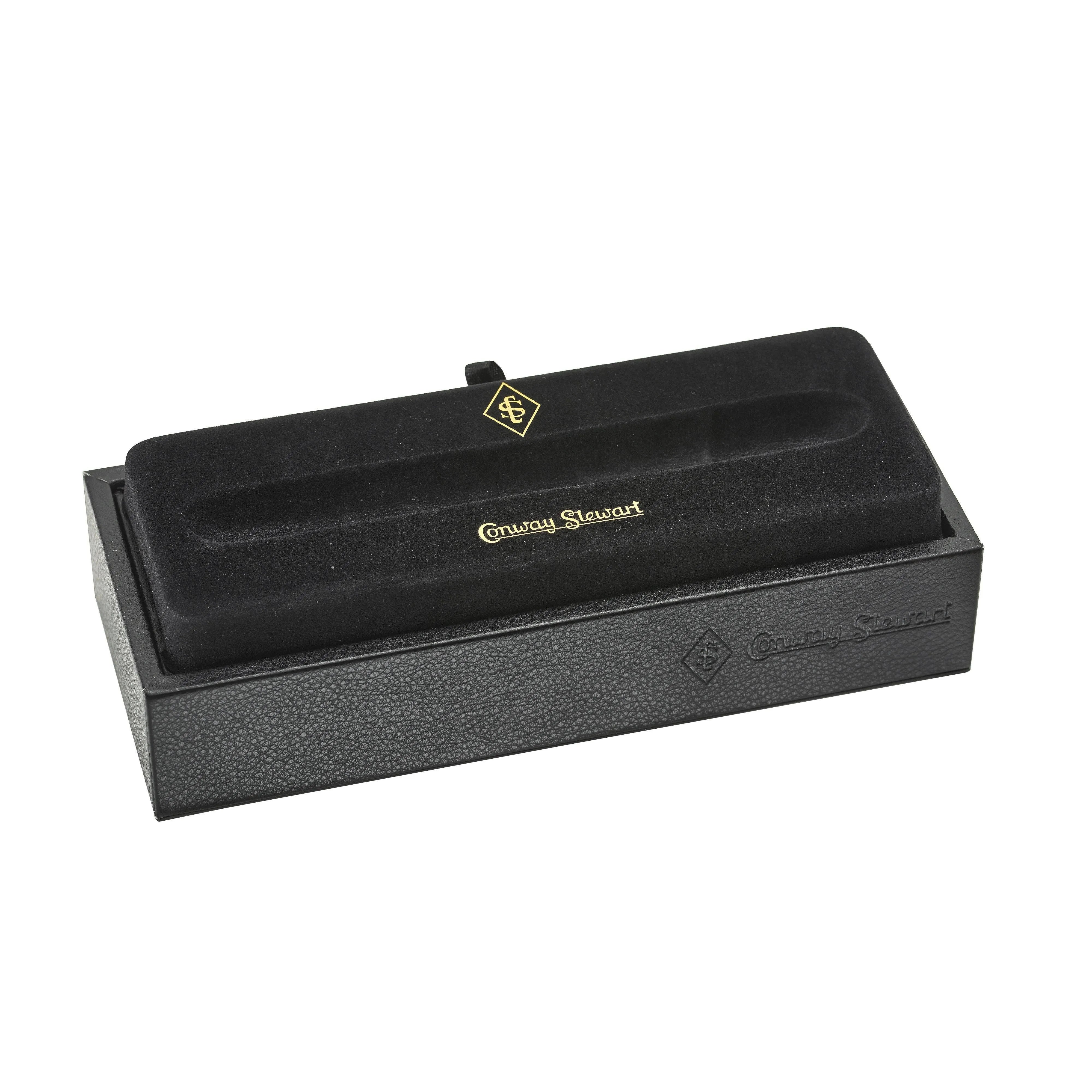 Open black Conway Stewart presentation box with velvet pen tray, shown empty