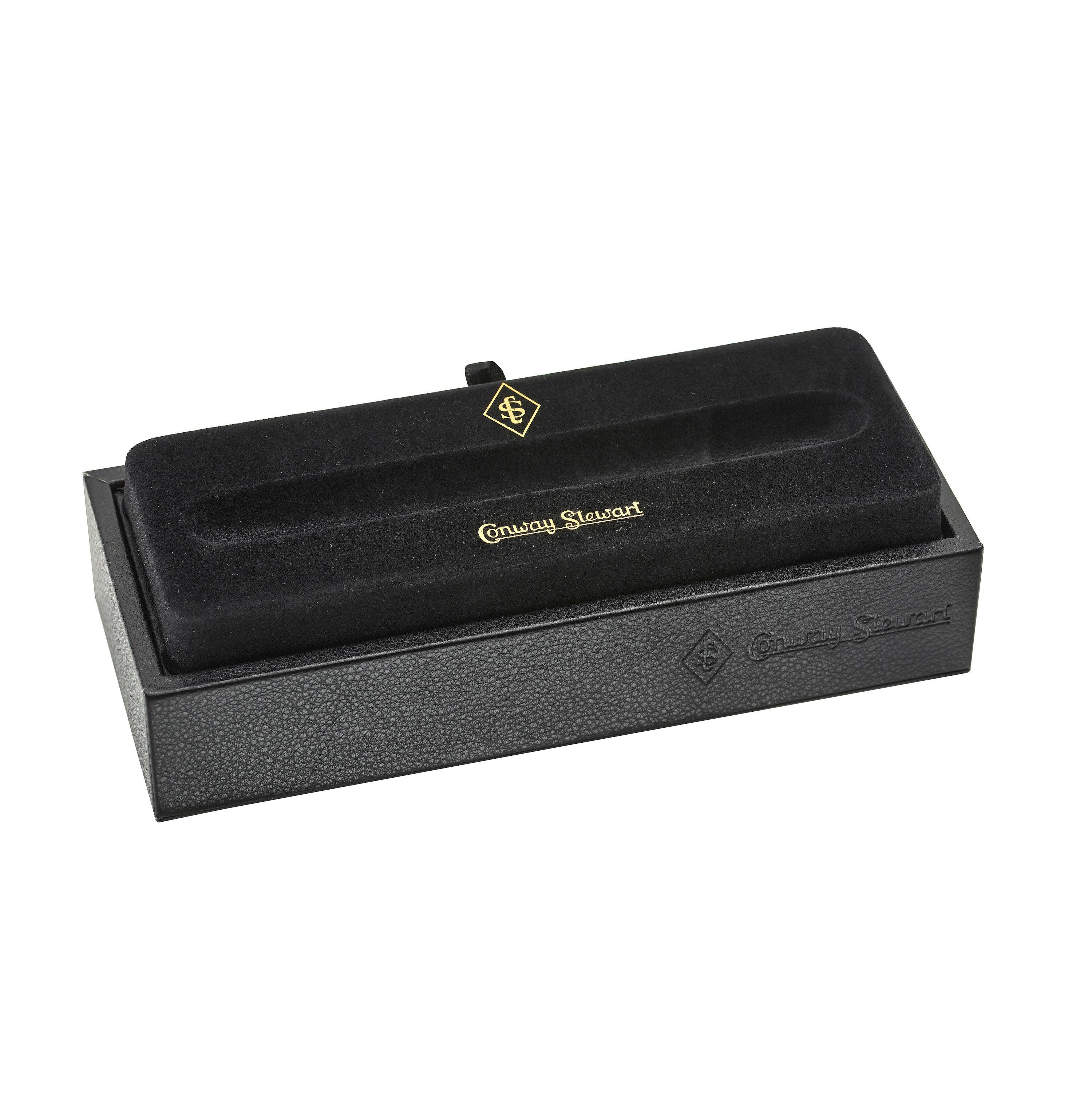 Open black Conway Stewart presentation box with velvet pen tray, shown empty