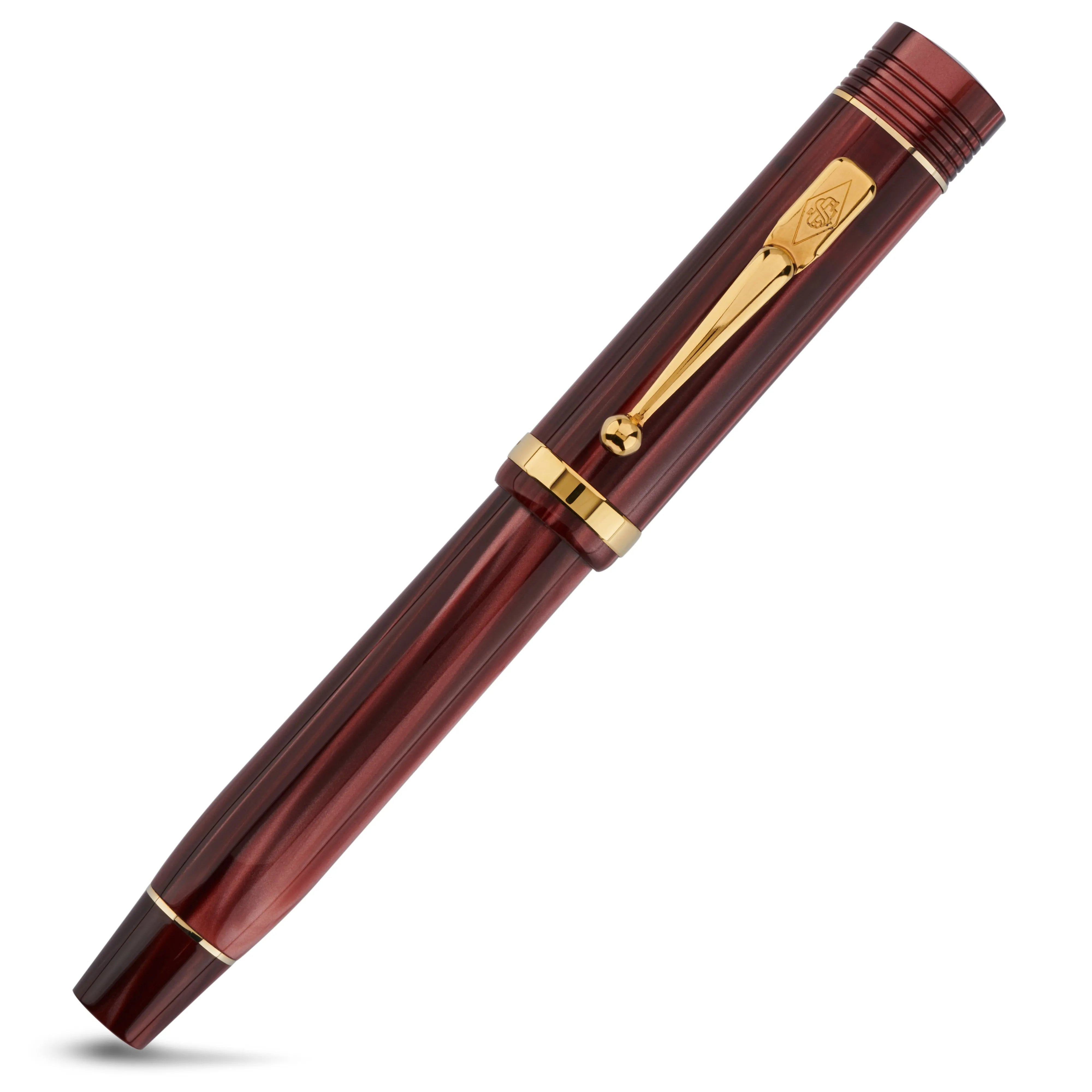 Conway Stewart Churchill Galaxy Silk rollerball capped, iridescent burgundy resin with gold trim