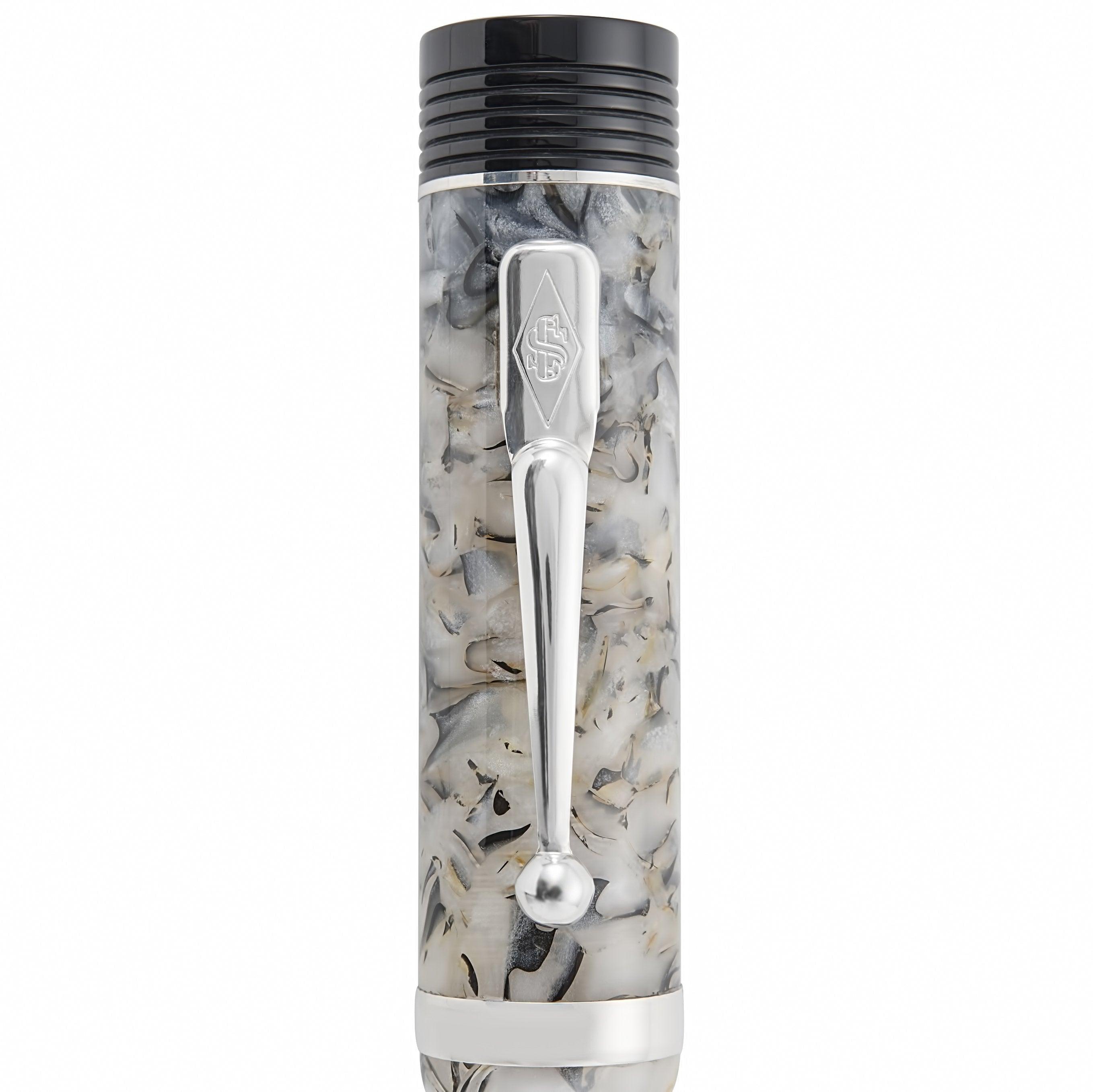Close-up of the Churchill Quartz White clip and Conway Stewart crest