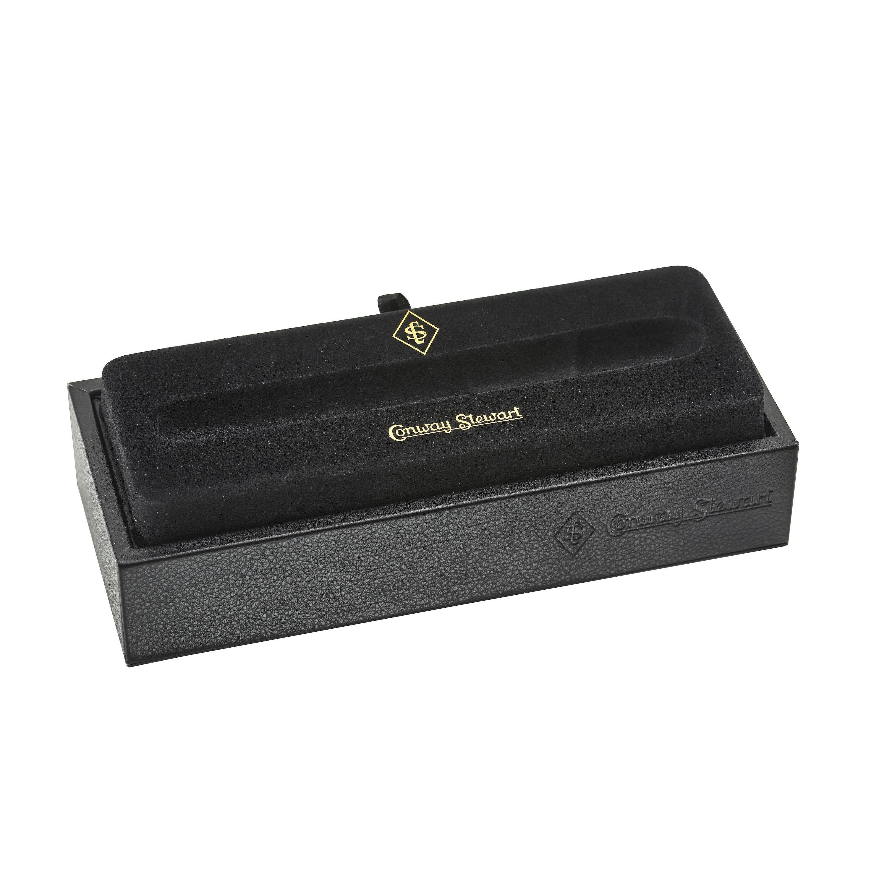 Open black Conway Stewart presentation box with velvet pen tray, shown empty