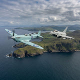 Spitfire and Typhoon aircraft flying over the English coastline
