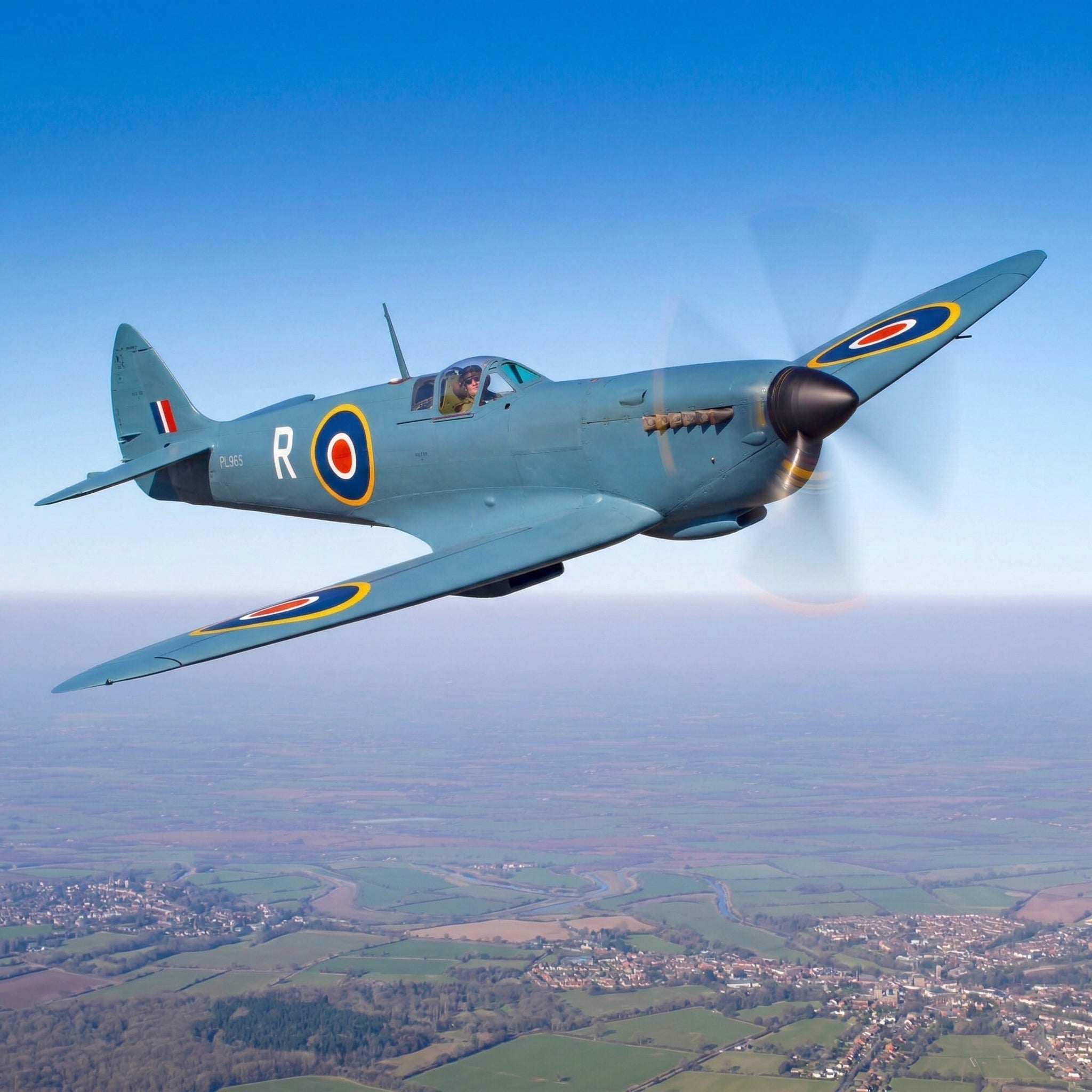 Spitfire aircraft banking over the English countryside
