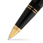 Close-up of the Churchill Tortoiseshell rollerball tip and black grip section