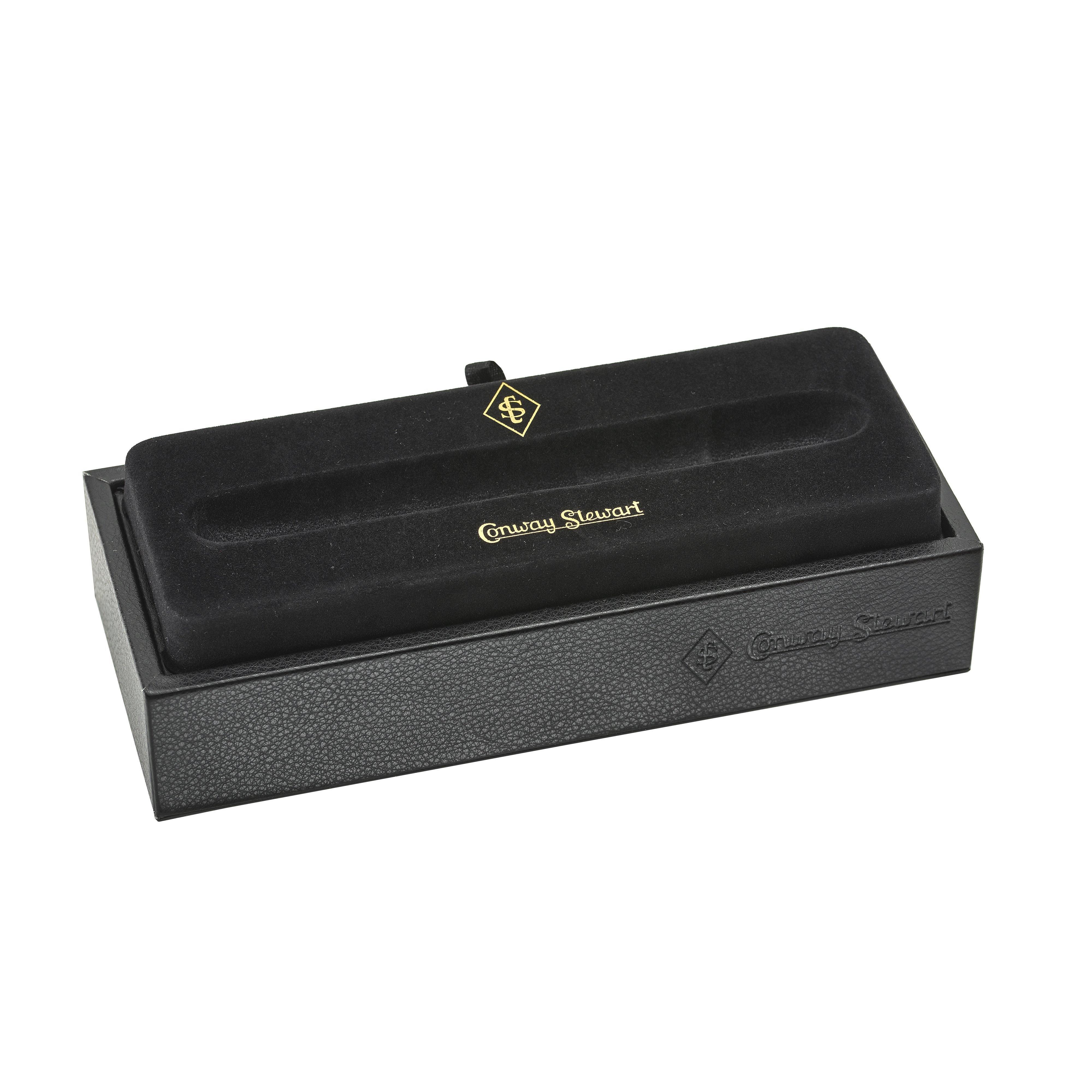Open black Conway Stewart presentation box with velvet pen tray, shown empty