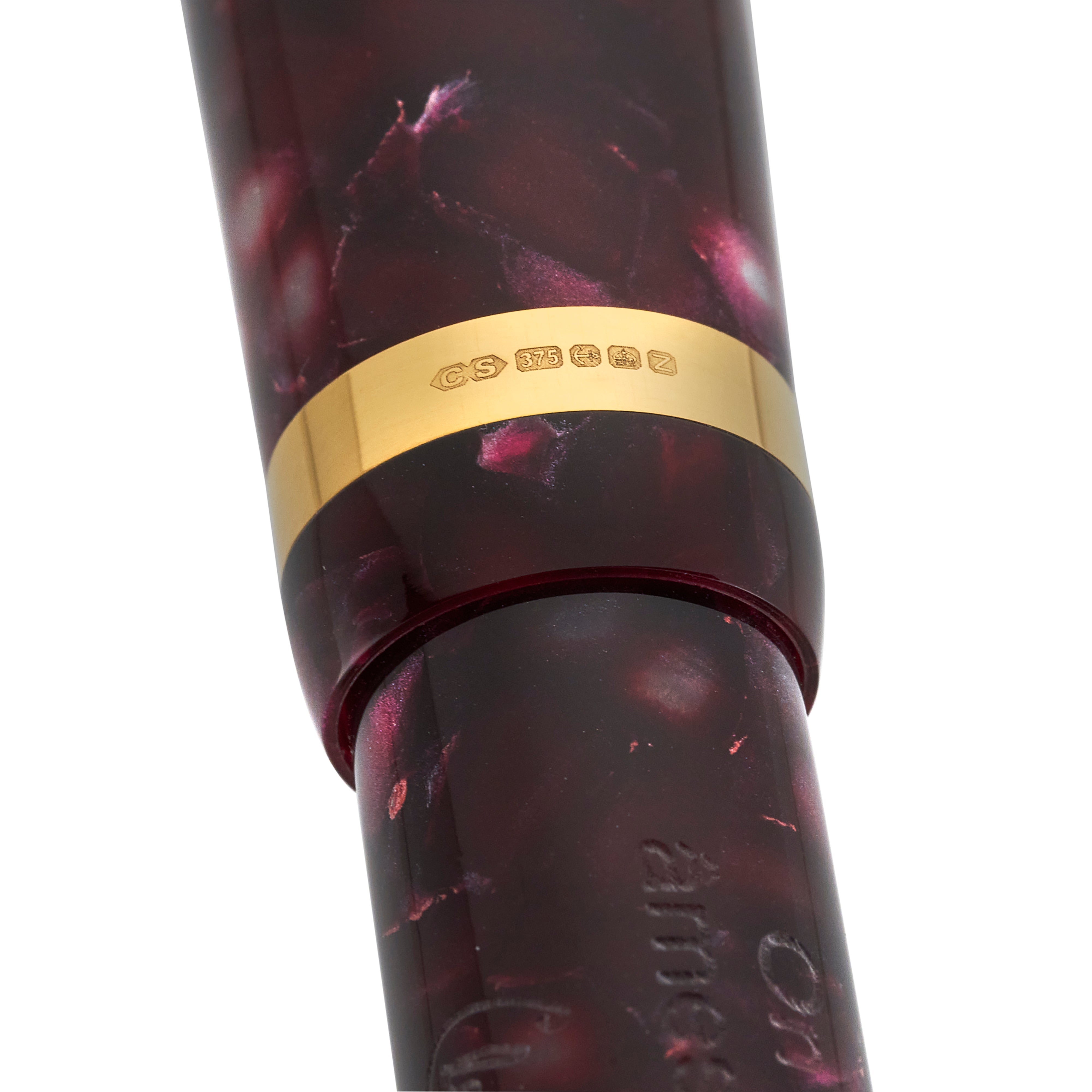 Close-up of the hallmarked band on the Lady Churchill Burgundy Pearl
