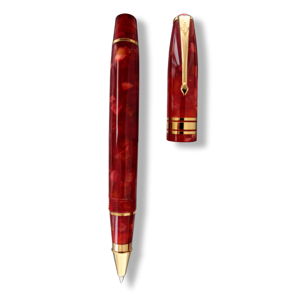 Series 100 Cherry Red rollerball uncapped beside its cap, marbled cherry resin with gold trim