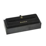 Closed black Conway Stewart pen box with gold foil crest and ribbon pull tab