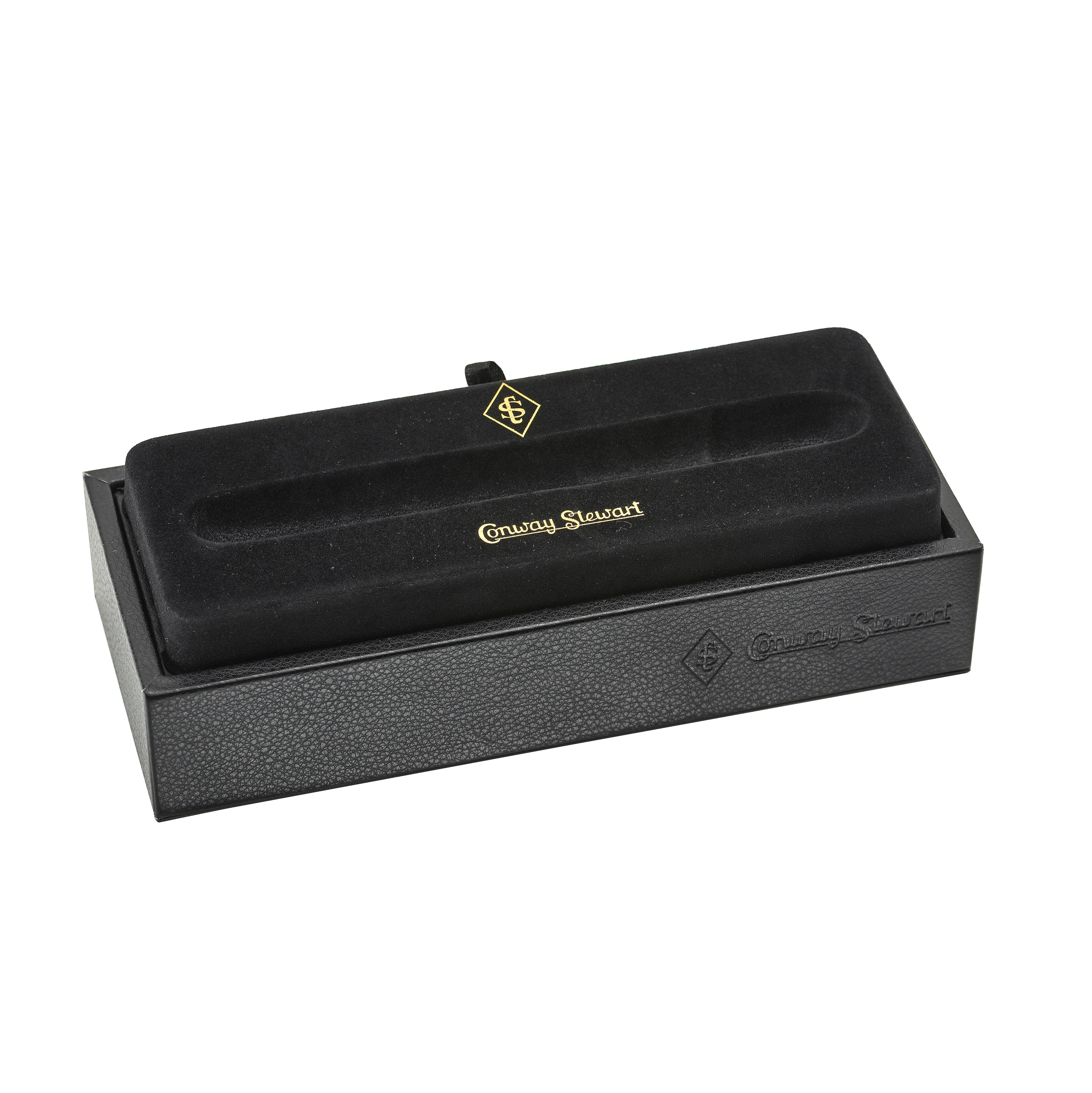 Closed black Conway Stewart pen box with gold foil crest and ribbon pull tab