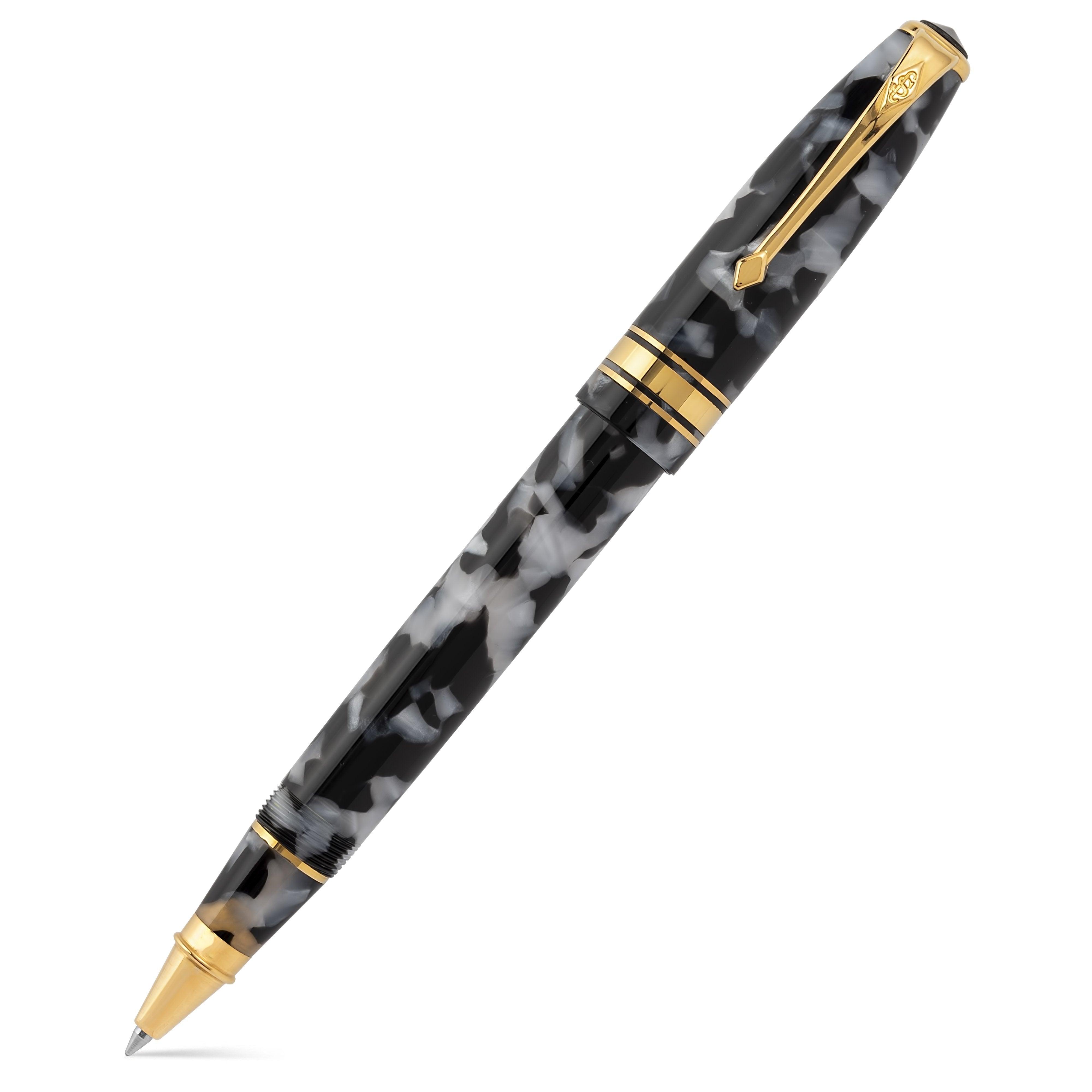 Series 100 Fresian rollerball pen capped, showing the grey marbled cap and gold trim