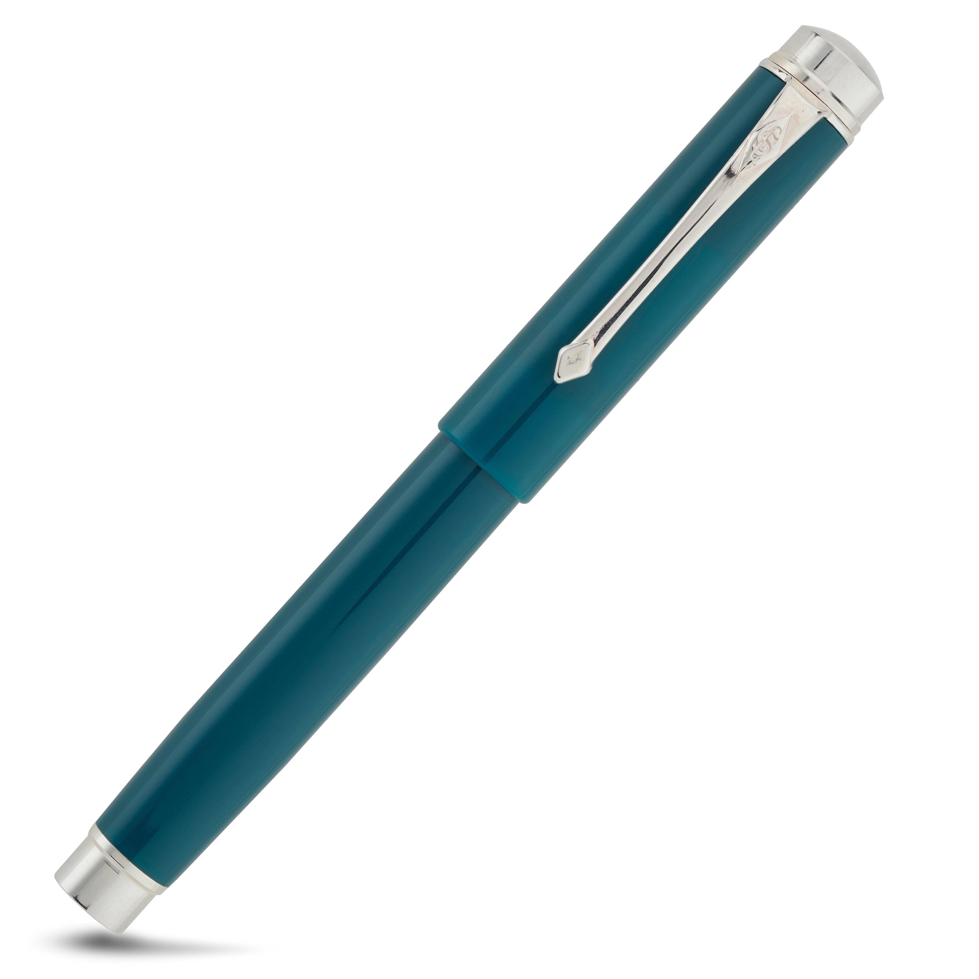 Silvicity Teal rollerball capped, diagonal view showing the coloured barrel and sterling silver clip